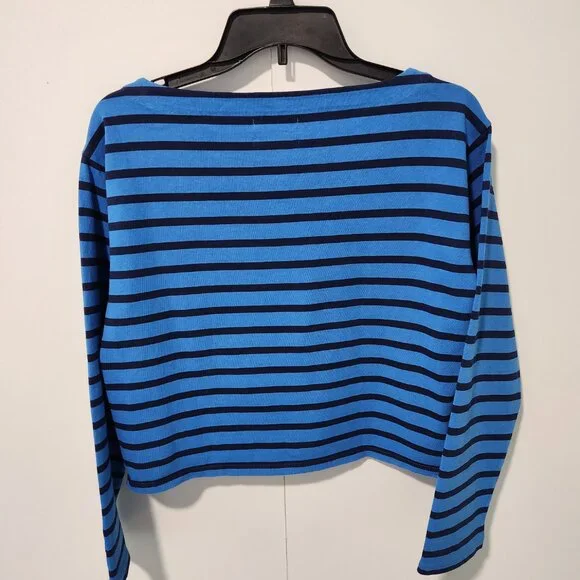 J. Crew Women's Classic Long Sleeve Boat Neck Striped Blue Cropped Top- XS - Picture 3 of 6